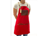 Red Apron with Wide Pockets-Faux Brown Leather Straps-Apron For Women-Apron For Men-Apron-Gift-Teacher-Barista-Artist-Bartender-Mixologist