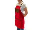 Red Apron with Wide Pockets-Faux Brown Leather Straps-Apron For Women-Apron For Men-Apron-Gift-Teacher-Barista-Artist-Bartender-Mixologist