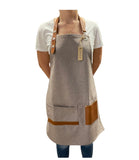 Beige and Gingerbread Brown Apron with Genuine Leather Straps and Pockets, Chef-Apron-Gift-Barista-Kitchen Apron-Barber-Artist-Bartender-Stylist