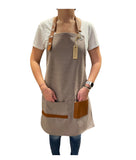 Beige and Gingerbread Brown Apron with Genuine Leather Straps and Pockets, Chef-Apron-Gift-Barista-Kitchen Apron-Barber-Artist-Bartender-Stylist