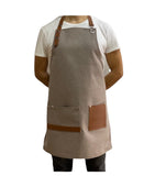 Beige and Gingerbread Brown Apron with Genuine Leather Straps and Pockets, Chef-Apron-Gift-Barista-Kitchen Apron-Barber-Artist-Bartender-Stylist