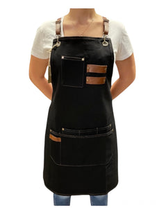 Florance - Black Jean Denim Apron with Wide Pockets-Faux Leather Straps-Apron For Women-Apron For Men-Gift-Teacher-Barista-Artist-Bartender