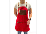 Red Apron with Wide Pockets-Faux Brown Leather Straps-Apron For Women-Apron For Men-Apron-Gift-Teacher-Barista-Artist-Bartender-Mixologist